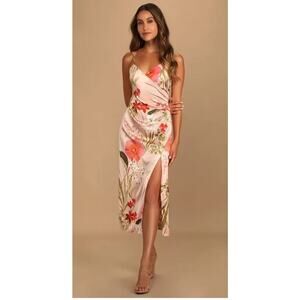 NWT Lulus Women's Remarkable Entrance Pink Floral Print Satin Midi Dress Size XL